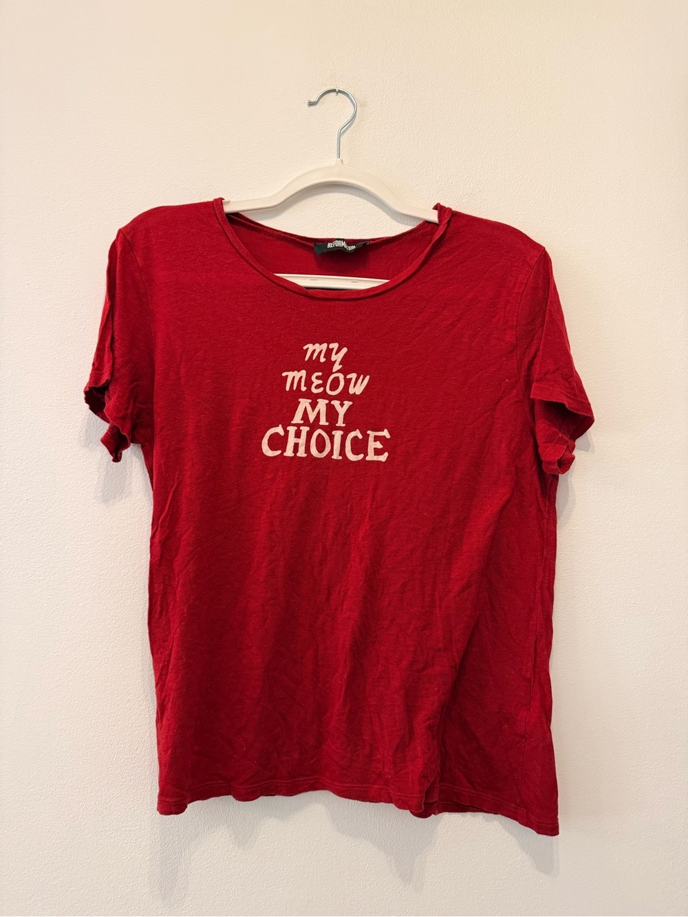 Vintage Reformation Women's Red Tee "My Meow My Choice" - Casual Short Sleeve